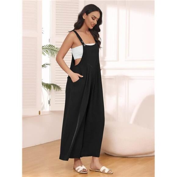 Wide Leg Jumpsuits Casual Bib Summer Rompers Jumpers, Sleeveless Straps, Pockets - Picture 2 of 5